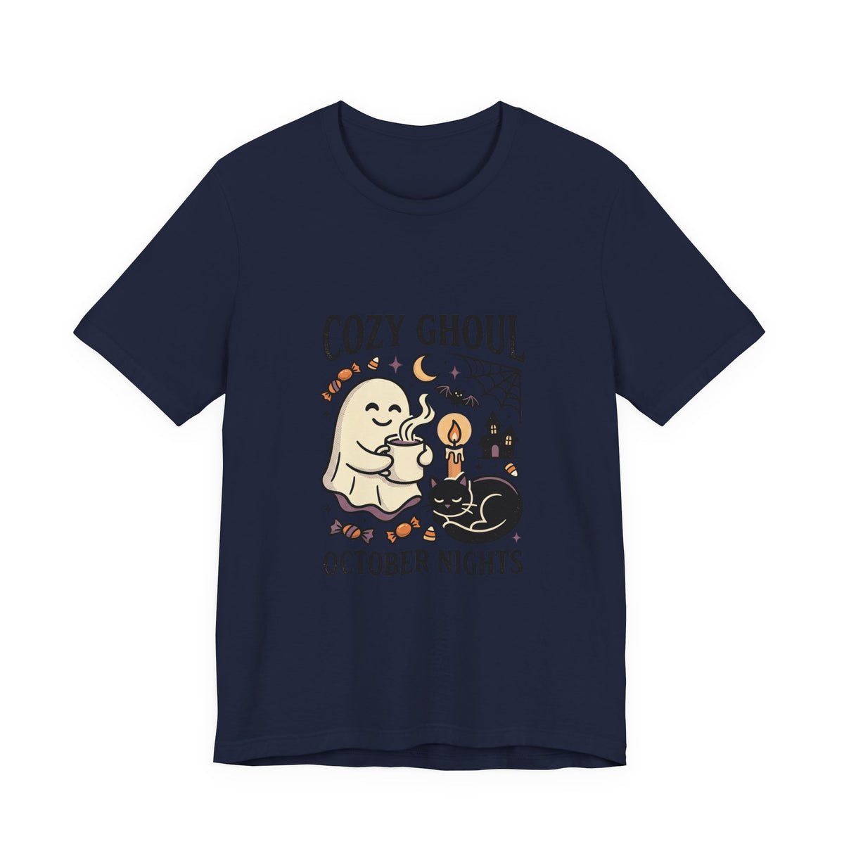 Cozy Ghoul October Nights Tee | Halloween Cute Ghost Cat