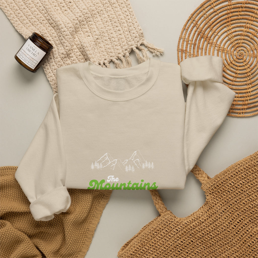 Sweatshirt — "Mountains and I Want To" Minimal Outdoor Crewneck