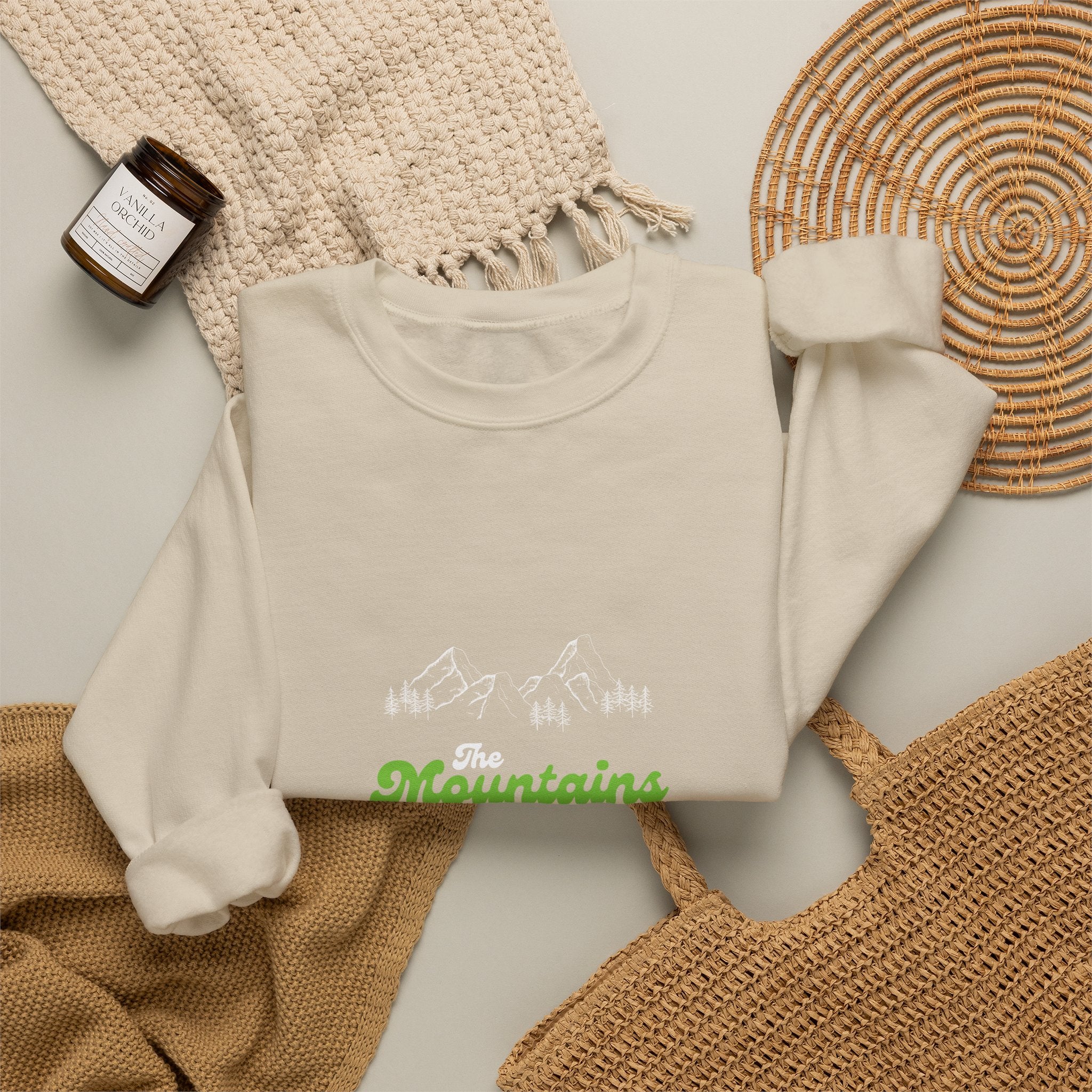 Sweatshirt — "Mountains and I Want To" Minimal Outdoor Crewneck