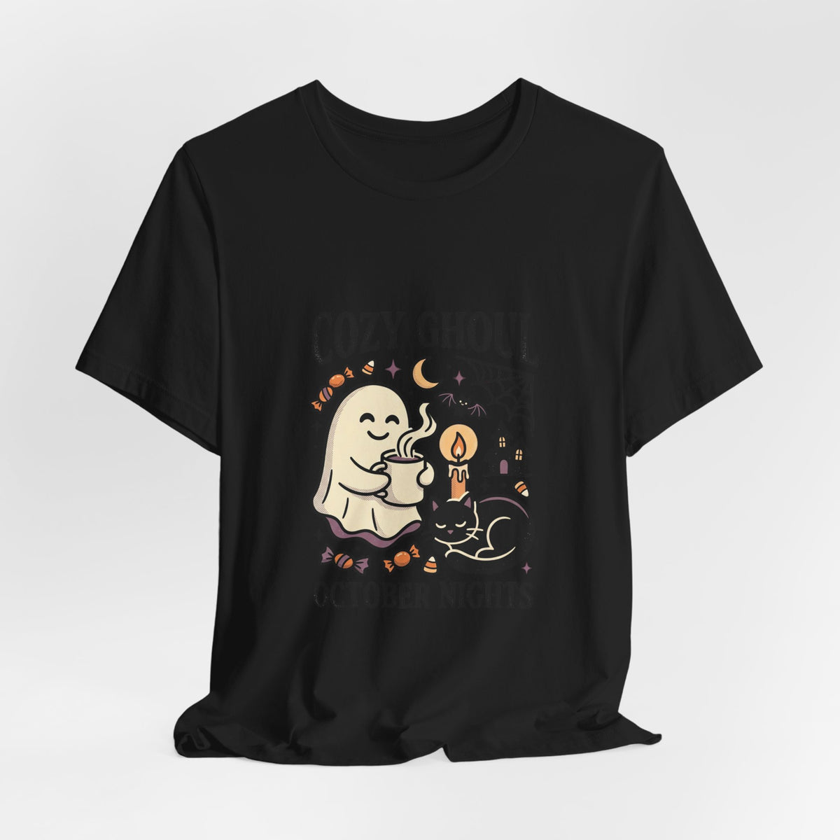 Cozy Ghoul October Nights Tee | Halloween Cute Ghost Cat