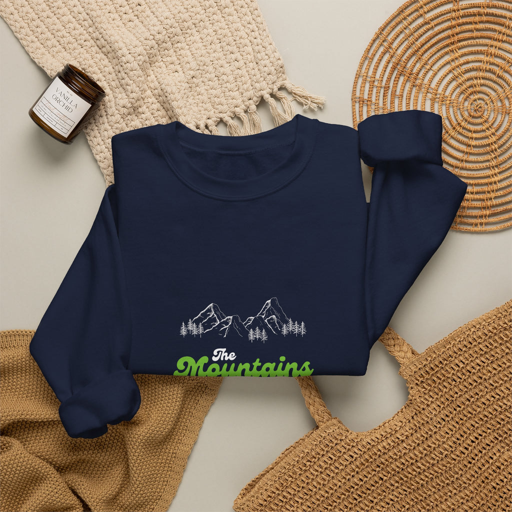 Sweatshirt — "Mountains and I Want To" Minimal Outdoor Crewneck