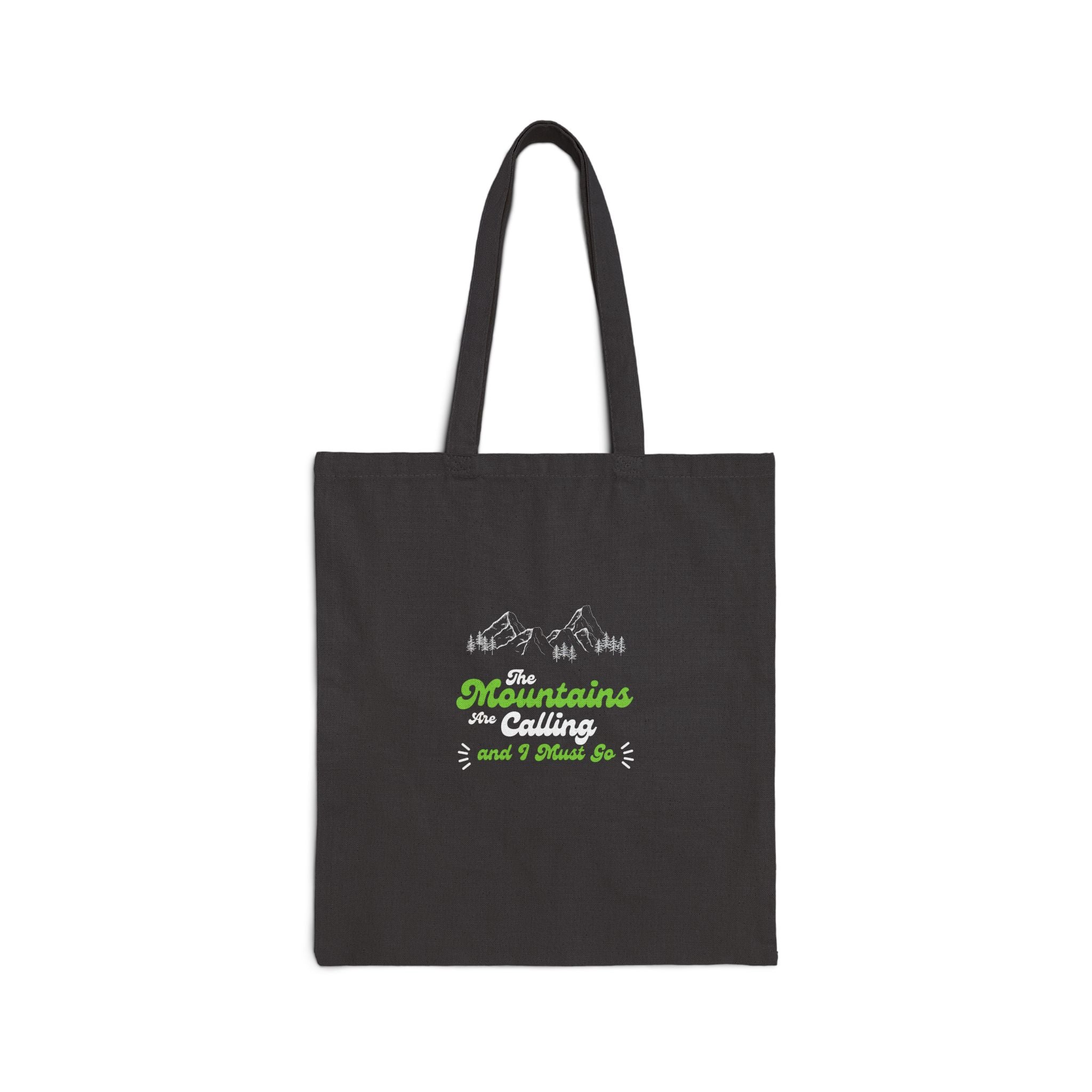 Tote Bag — 'Mountains and I Think So' Green Script Canvas Tote for Nature Lovers