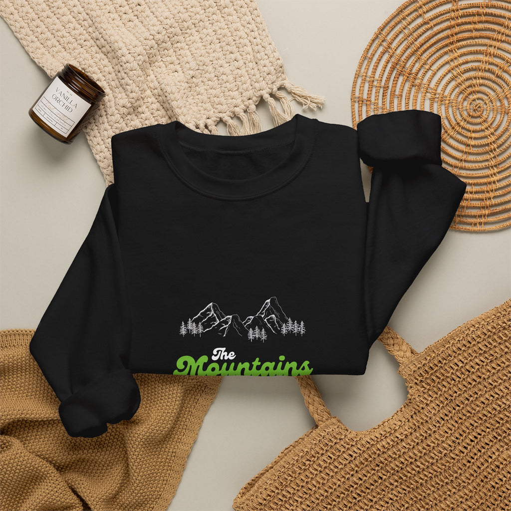 Sweatshirt — "Mountains and I Want To" Minimal Outdoor Crewneck