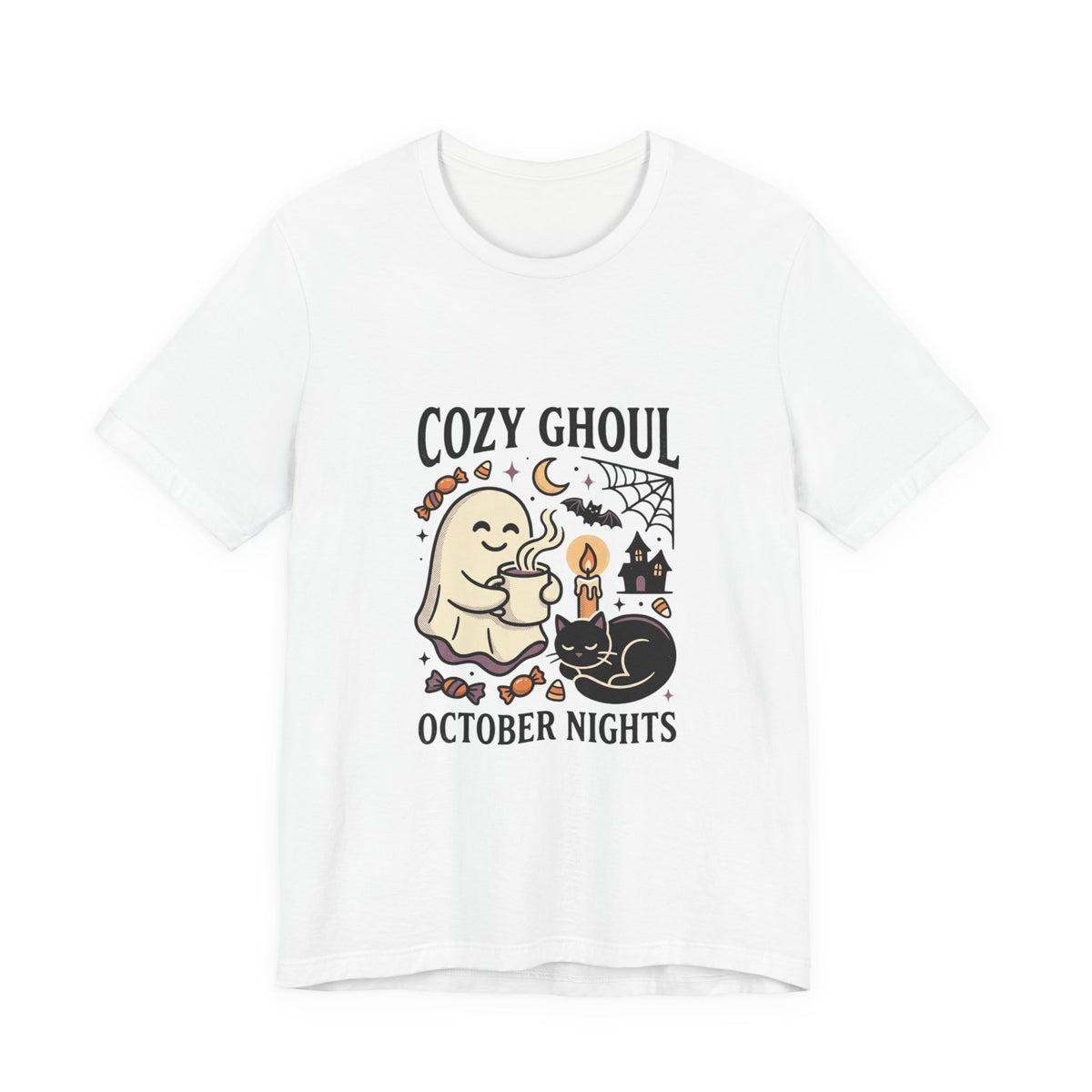 Cozy Ghoul October Nights Tee | Halloween Cute Ghost Cat
