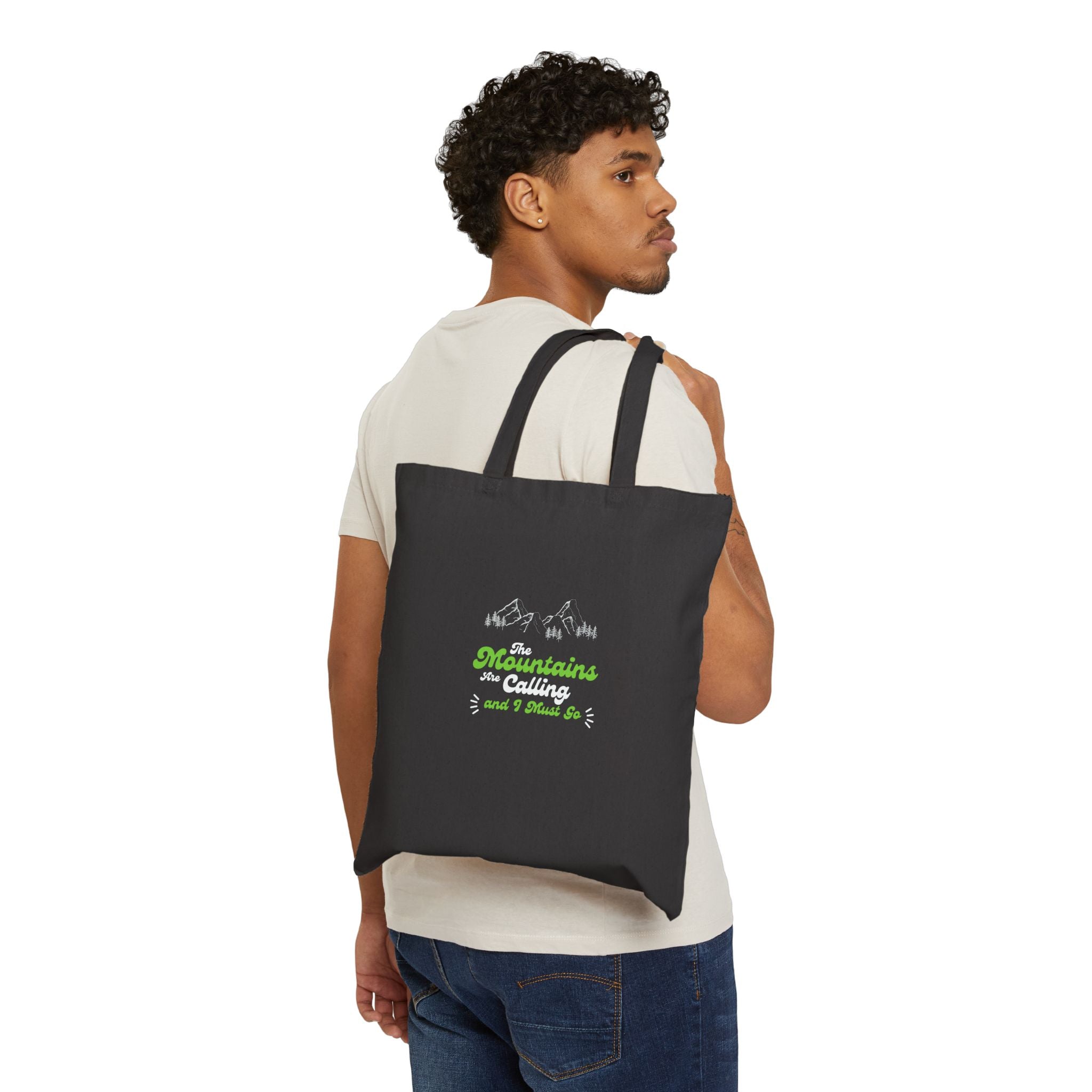 Tote Bag — 'Mountains and I Think So' Green Script Canvas Tote for Nature Lovers