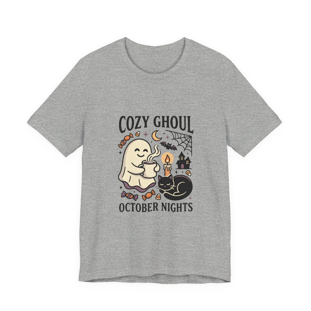 Cozy Ghoul October Nights Tee | Halloween Cute Ghost Cat