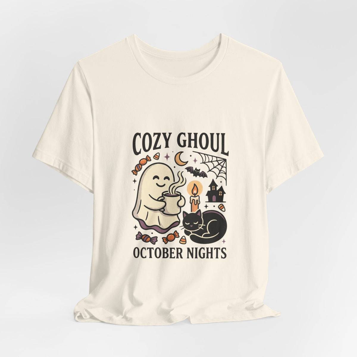 Cozy Ghoul October Nights Tee | Halloween Cute Ghost Cat